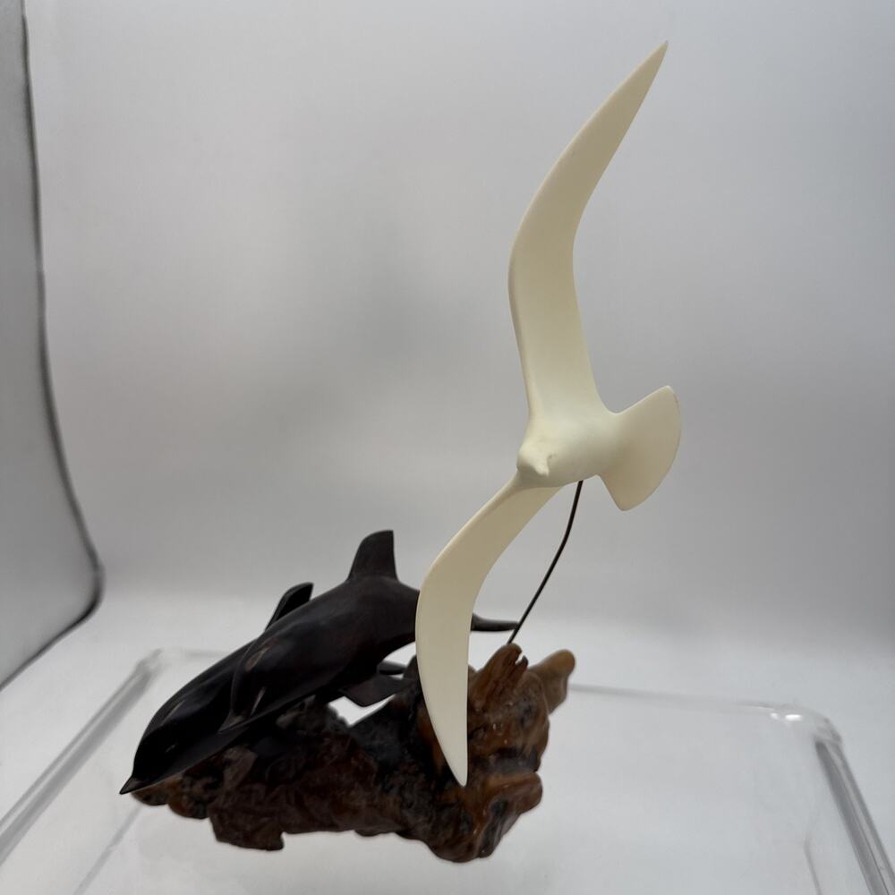 VTG JOHN PERRY BURLWOOD DRIFTWOOD SCULPTURE 2 DOLPHINS & SEAGULL
